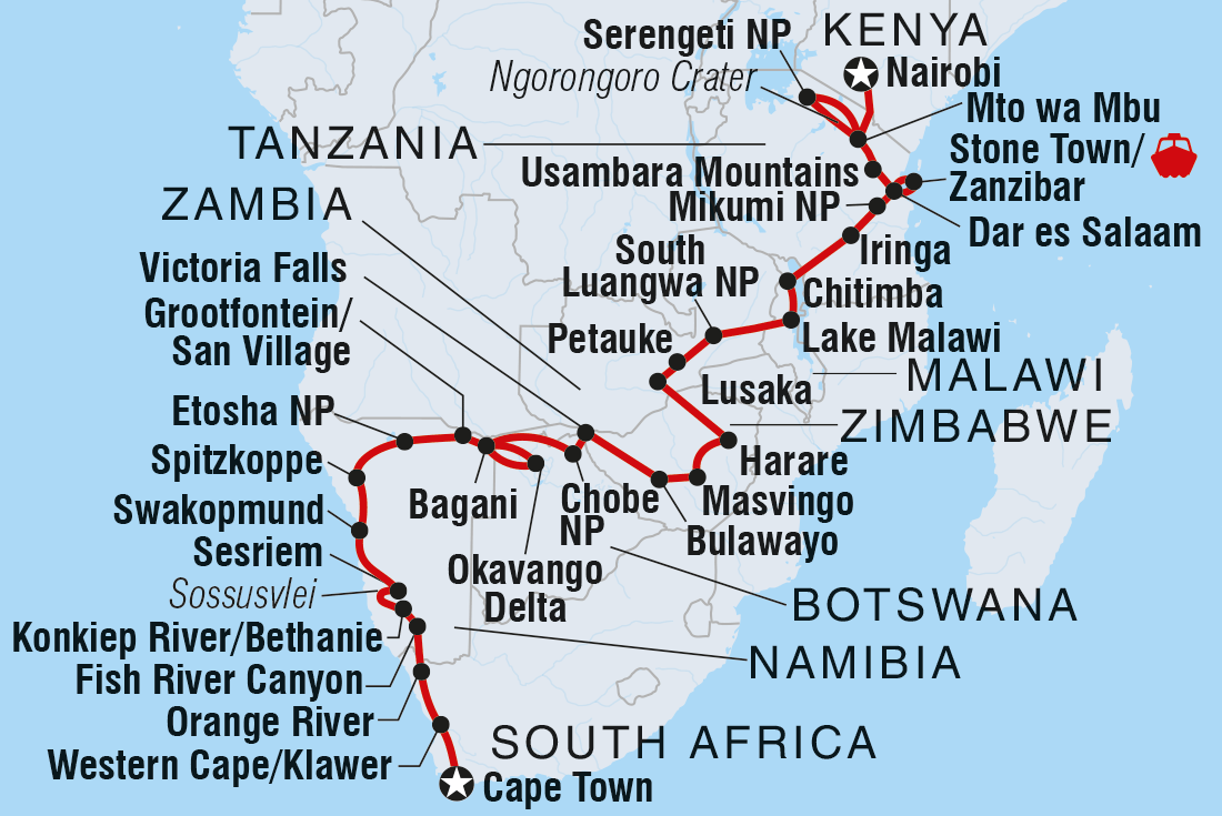 tourhub | Intrepid Travel | Kenya to Cape Town | Tour Map