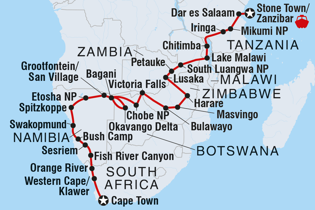 tourhub | Intrepid Travel | Cape Town to Zanzibar | Tour Map