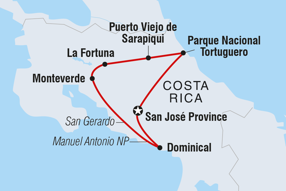 Best of Costa Rica Family Holiday Itinerary Map