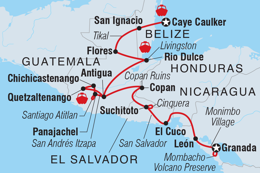 Nicaragua to Belize Discovery Itinerary Map