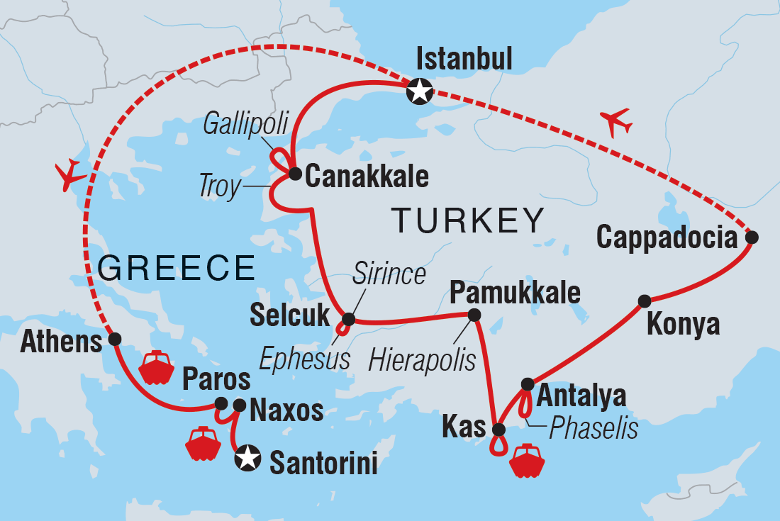 Premium Turkey & The Cyclades Islands in Depth Itinerary Map