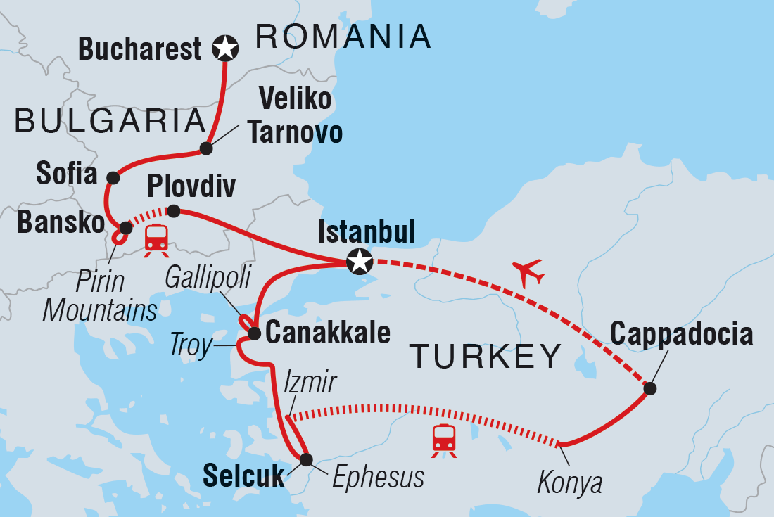 Romania, Bulgaria &amp; Turkey Discovery Itinerary Map