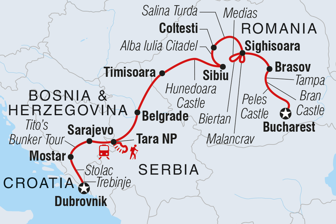 tourhub | Intrepid Travel | Premium Dubrovnik to Bucharest | Tour Map