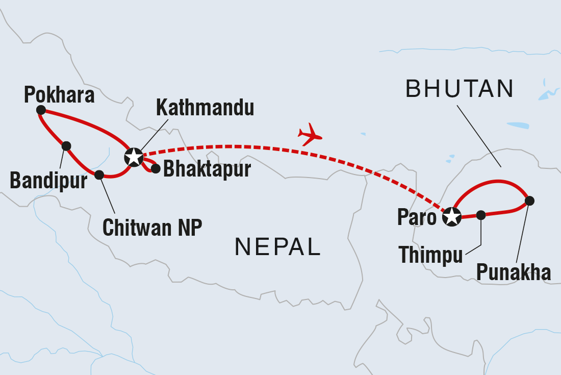 Nepal & Bhutan Journey Itinerary Map