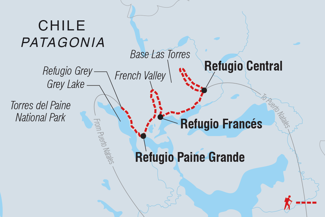 Patagonia: Torres del Paine Classic W Trek Itinerary Map