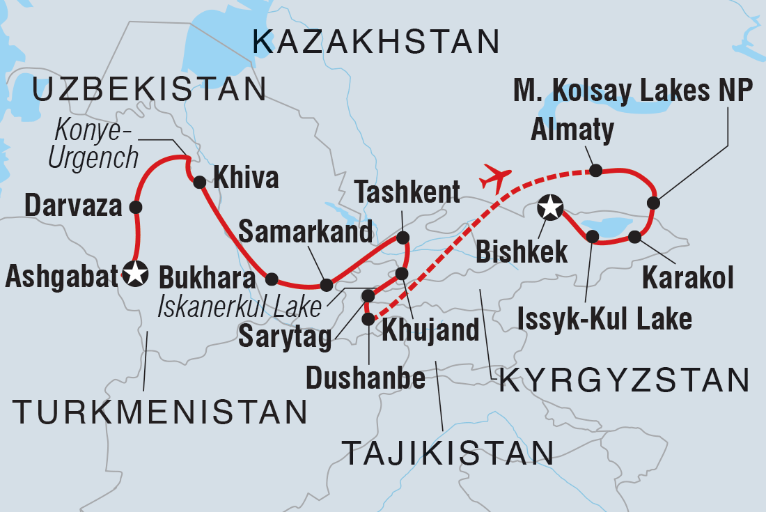 Central Asia: Five Stans Express Itinerary Map