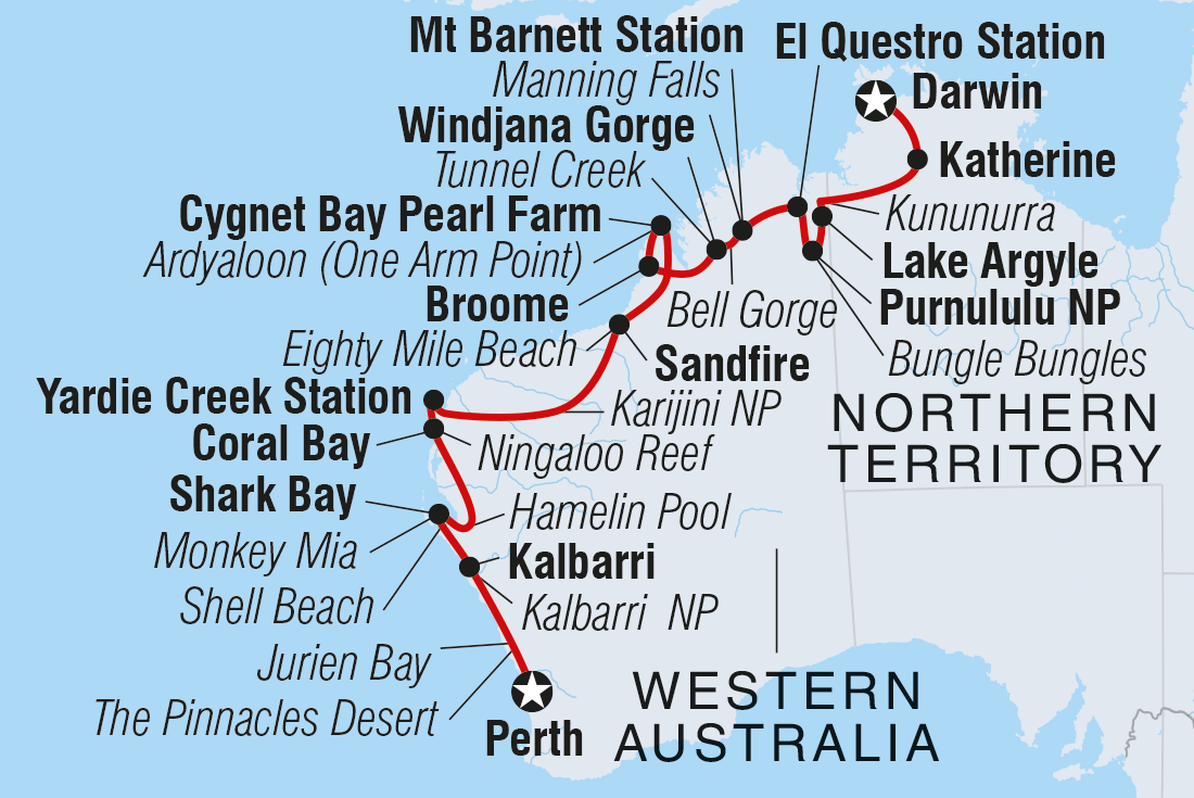 Darwin to Perth Overland Itinerary Map