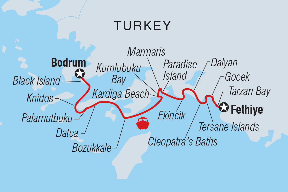 tourhub | Intrepid Travel | Sail Turkey: Bodrum to Fethiye (Turkish Gulet)  | Tour Map