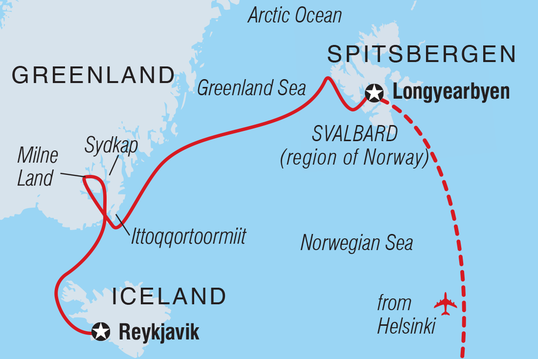 Three Arctic Islands: Spitsbergen, Greenland and Iceland (Southbound) Itinerary Map