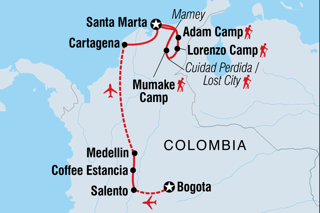 Colombia Adventure & Lost City Trek Itinerary Map