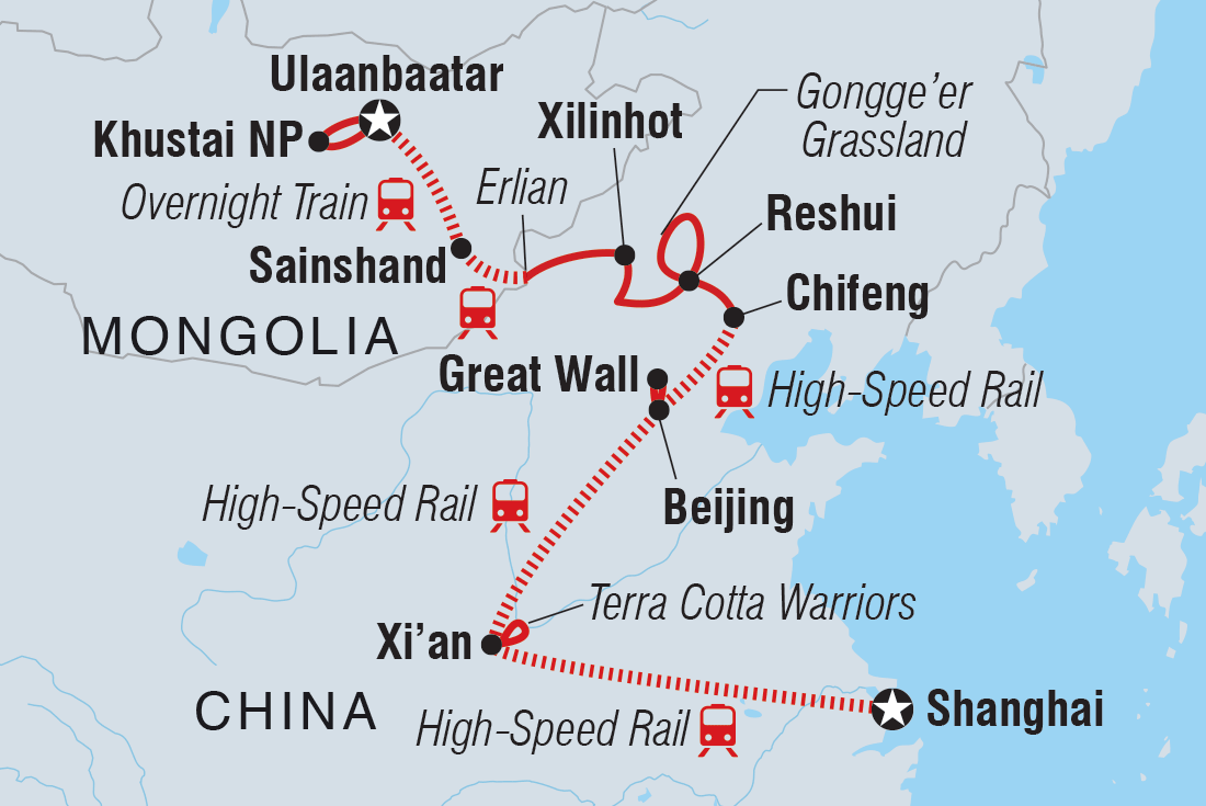 tourhub | Intrepid Travel | China & Mongolia Railway Adventure | Tour Map