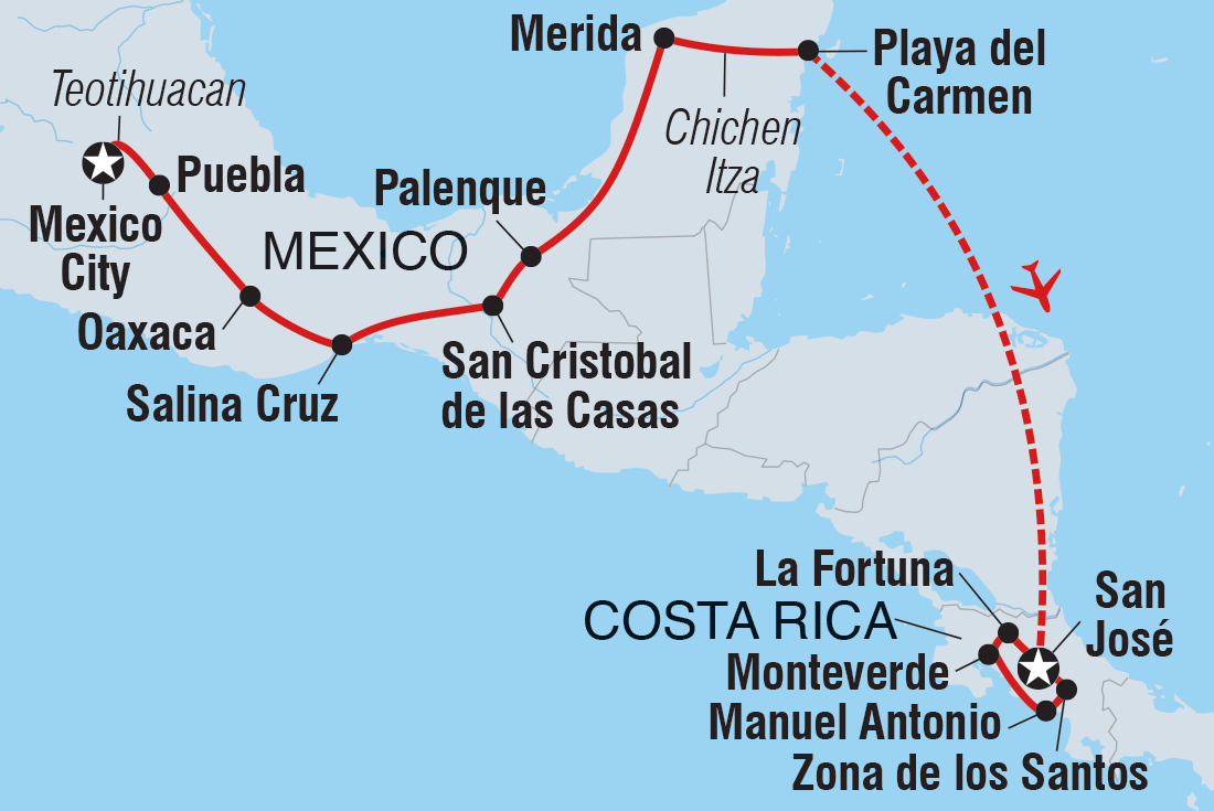 Best of Mexico & Costa Rica Itinerary Map