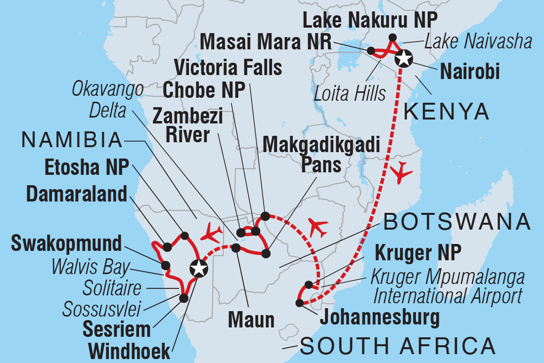 Premium Kenya & Southern Africa In Depth Itinerary Map