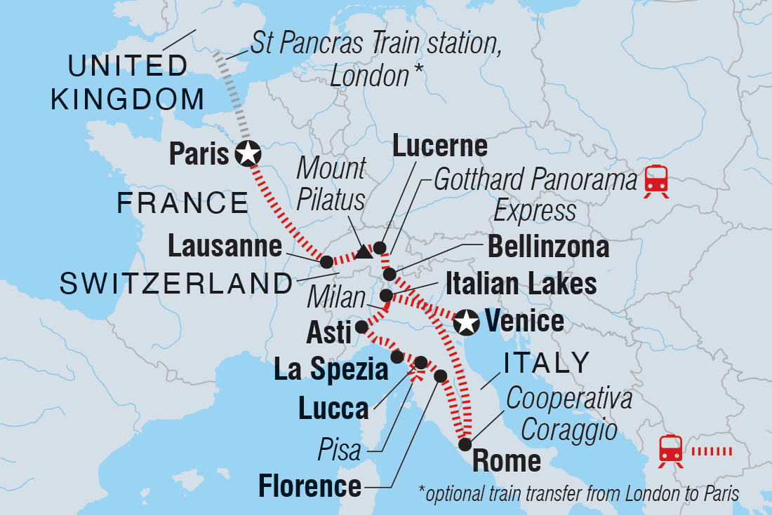 France, Switzerland, and Italy by Rail Itinerary Map