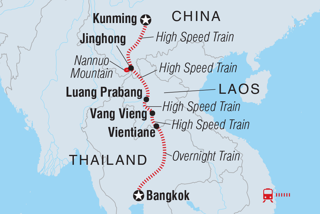 China & Laos: Kunming to Bangkok by Rail Itinerary Map