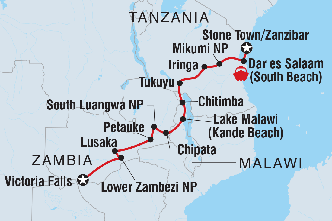 Vic Falls to Stone Town route map