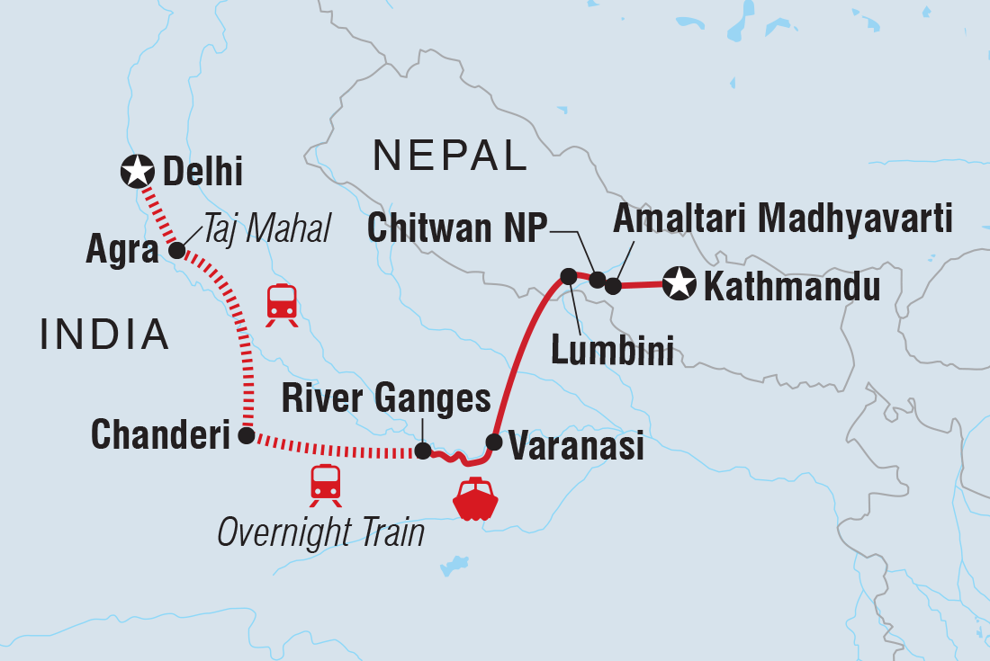 Delhi to Kathmandu Itinerary Map