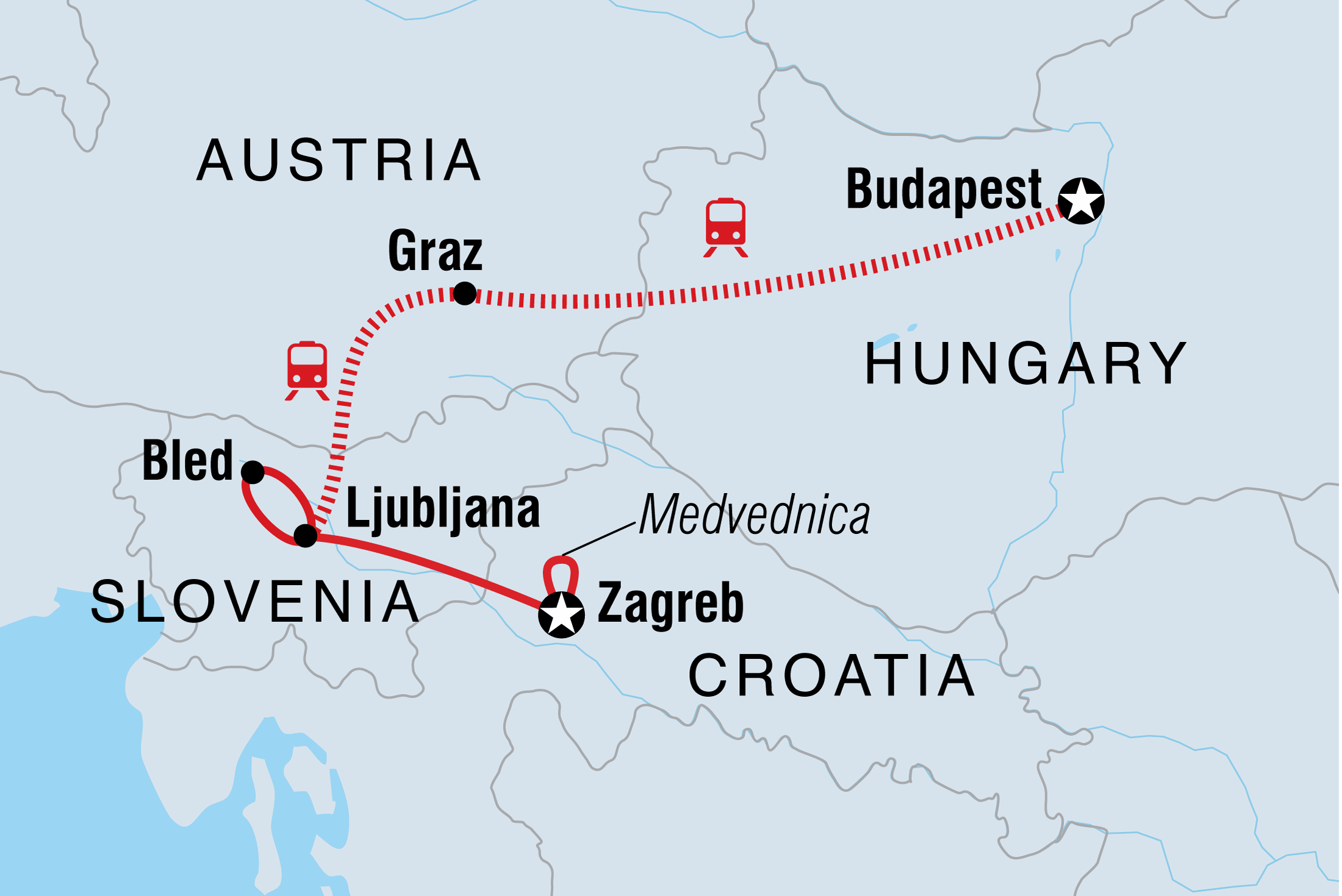 Europe Christmas Markets: Budapest to Zagreb Itinerary Map