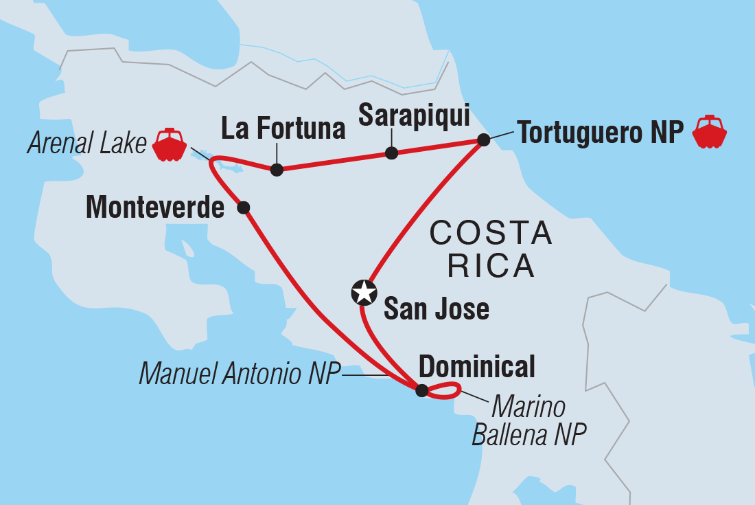 Best of Costa Rica Family Holiday Itinerary Map