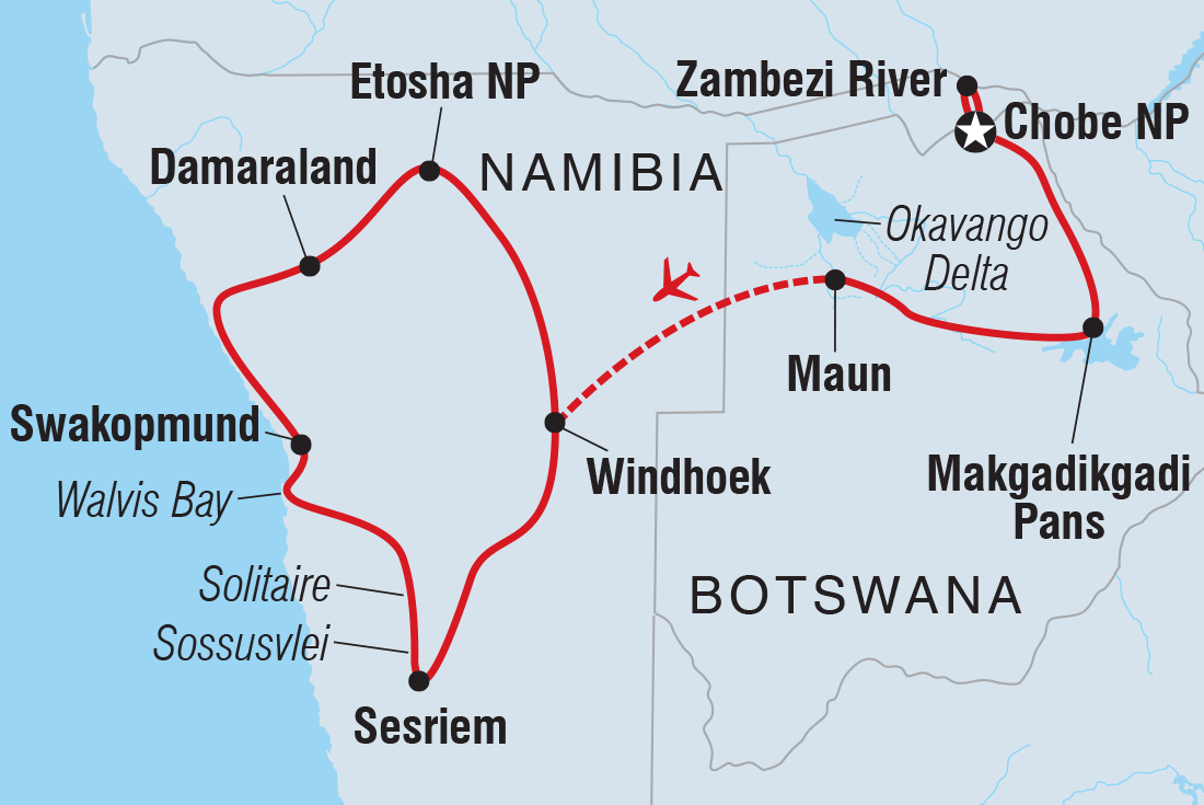 Premium Botswana & Namibia Itinerary Map