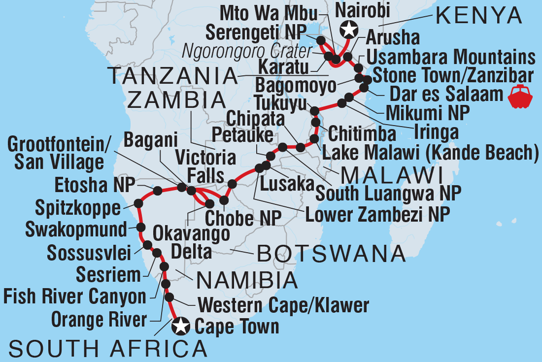 Cape Town to Kenya Itinerary Map