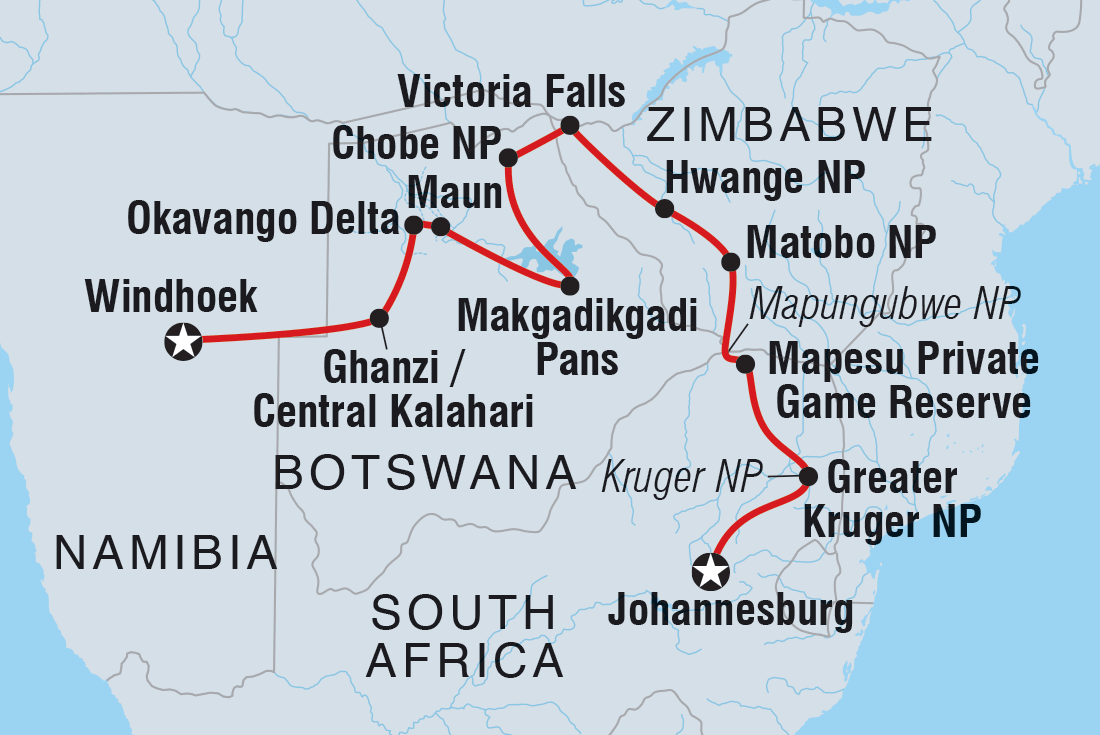 Southern Africa Safari Itinerary Map
