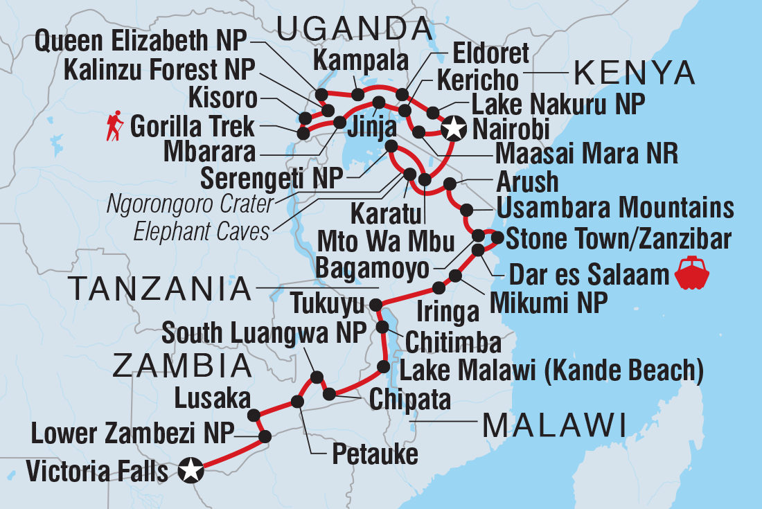 Victoria Falls to Gorillas route map