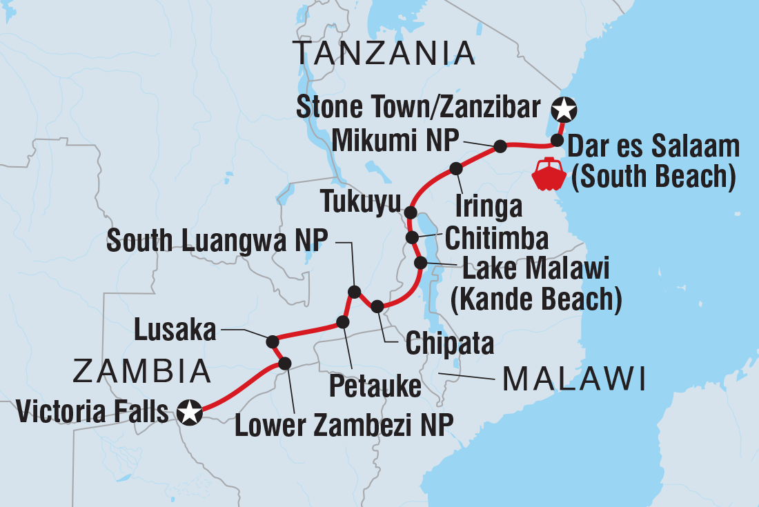 Vic Falls to Zanzibar Itinerary Map