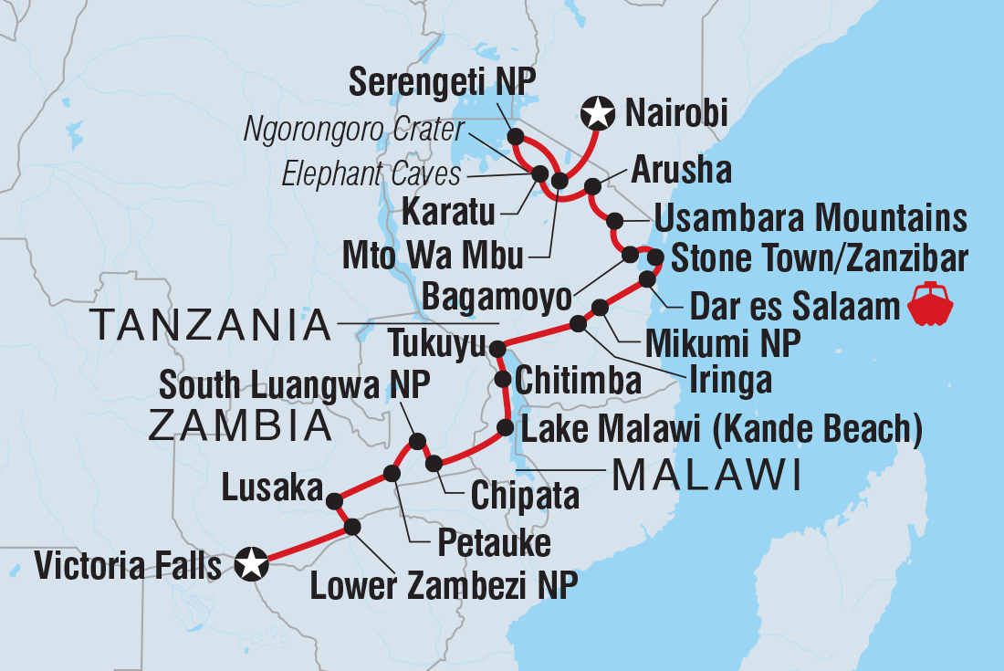 Vic Falls to Kenya Itinerary Map