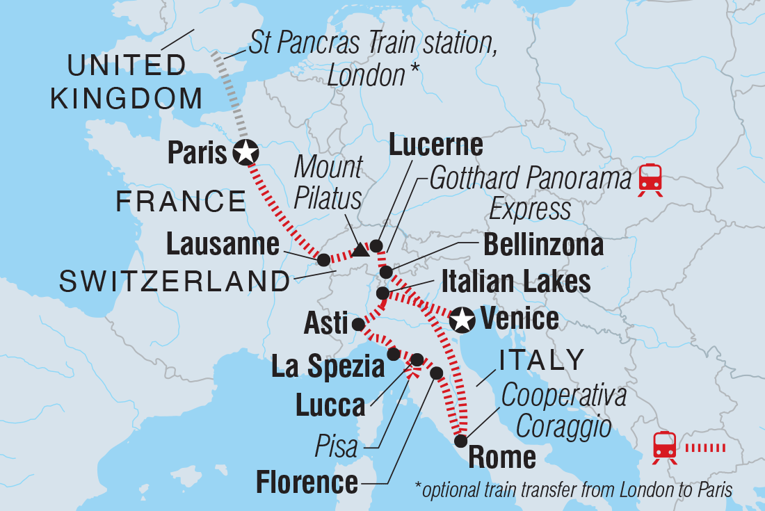France, Switzerland, and Italy by Rail Itinerary Map