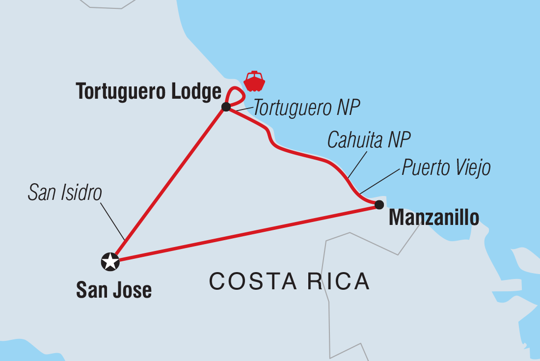 Premium Costa Rica: Tortuguero and Caribbean Coast route map