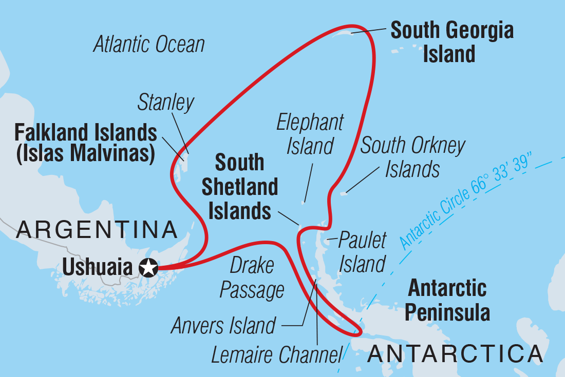 Extended Falklands, South Georgia and Antarctica (Ocean Nova) Itinerary Map