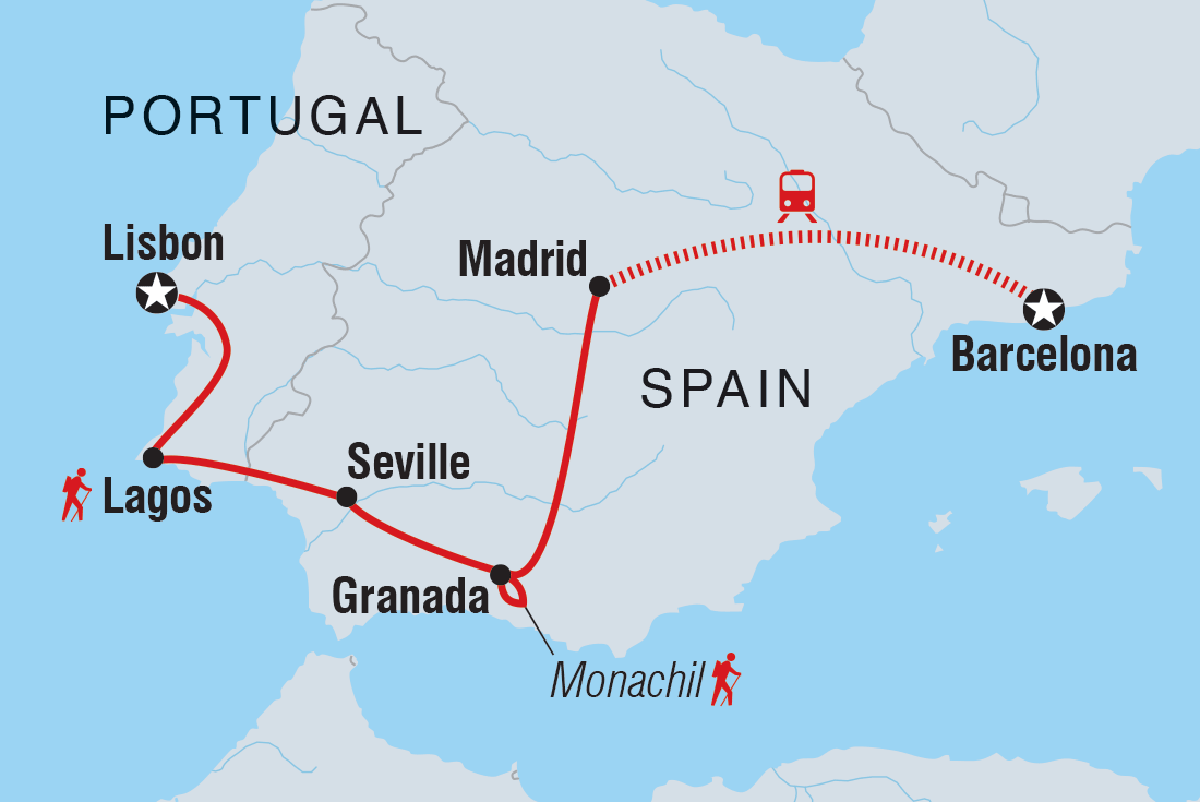 18 to 35s Essential Spain and Portugal Itinerary Map