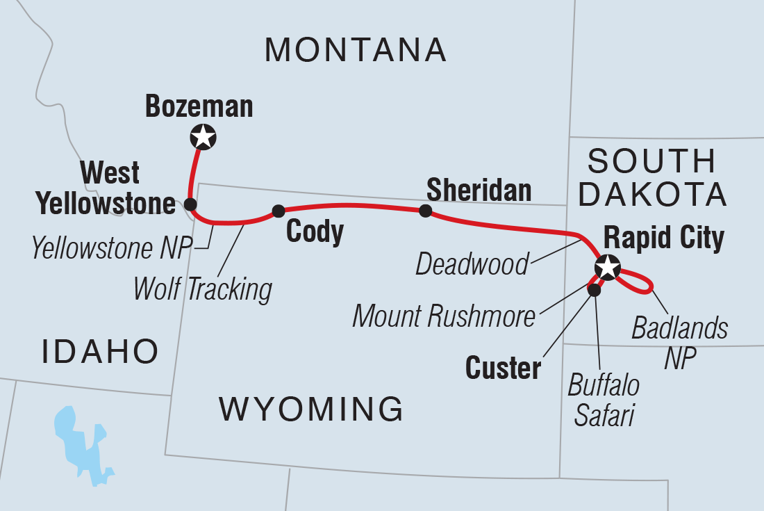 South Dakota to Yellowstone Parks Explorer Itinerary Map