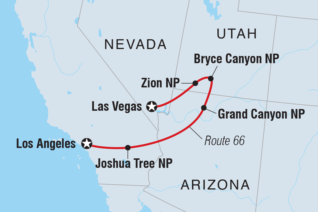 18 to 35s One Week from Vegas to LA Itinerary Map
