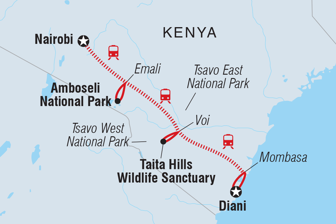 Kenya by Rail: Trains, Safaris & Beaches Itinerary Map