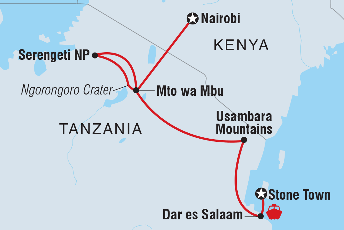 Nairobi to Stone Town Itinerary Map