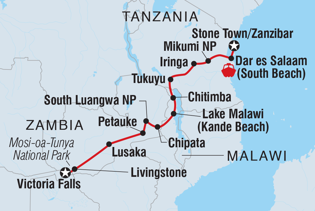 Vic Falls to Stone Town Itinerary Map