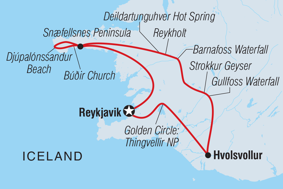 Explore Iceland: Golden Circle & Snaefellsnes Peninsula route map