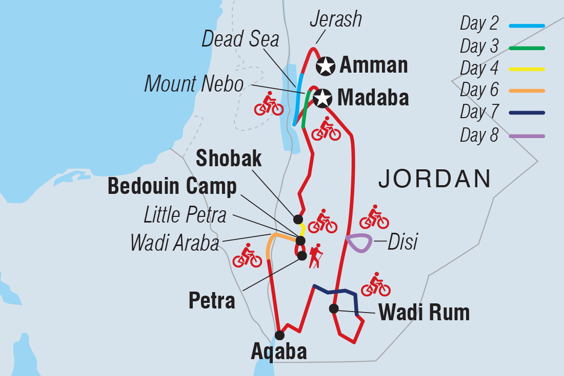 Cycle Jordan: Petra, Wadi Rum & the Dead Sea route map