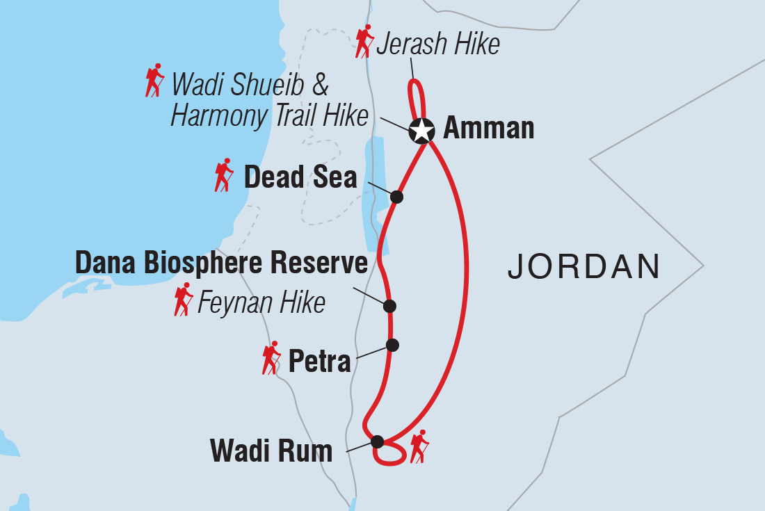 Premium Walking and Hiking Jordan (Petra, Wadi Rum & the Dead Sea) Itinerary Map