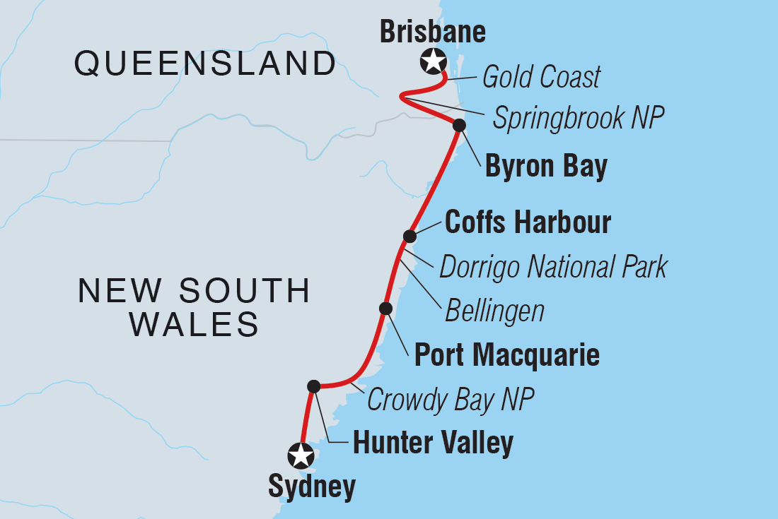 Sydney to Brisbane Adventure Itinerary Map