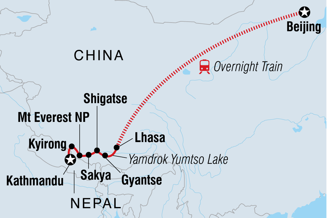 Tibet: Beijing to Kathmandu Overland Itinerary Map