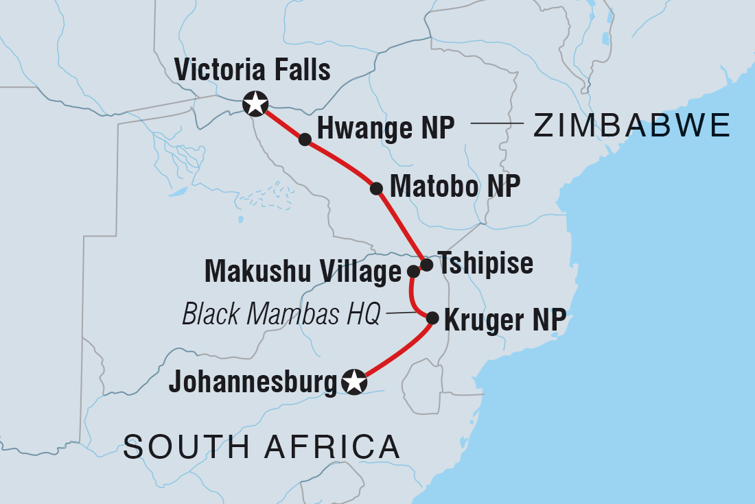 Vic Falls to Kruger Itinerary Map