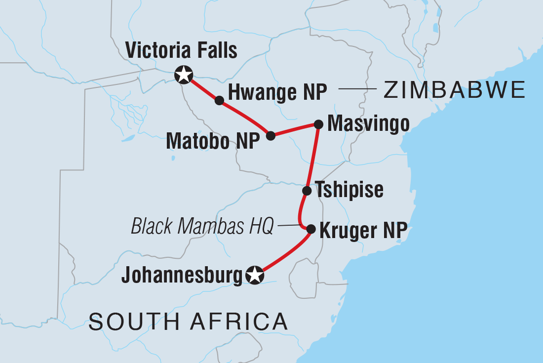 Vic Falls to Kruger Itinerary Map