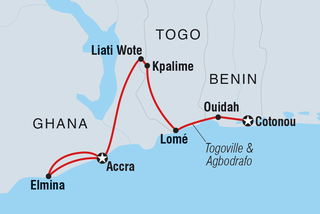 Benin, Togo & Ghana Adventure Itinerary Map