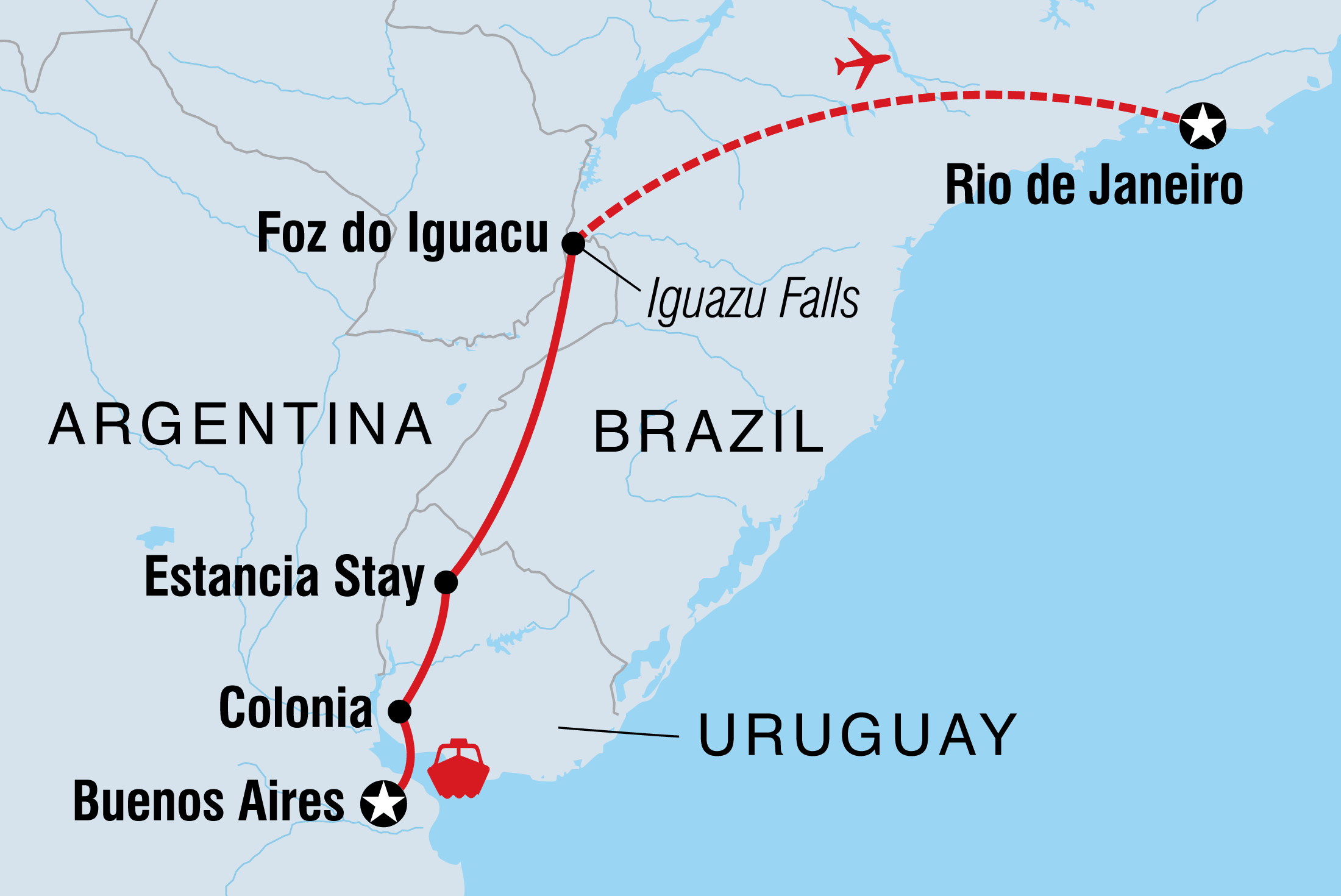 Best of Argentina, Uruguay & Brazil Itinerary Map