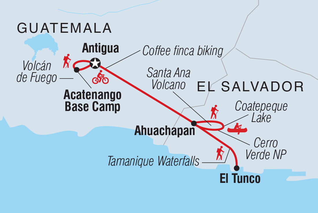 Central America: Hike, Bike & Kayak Itinerary Map