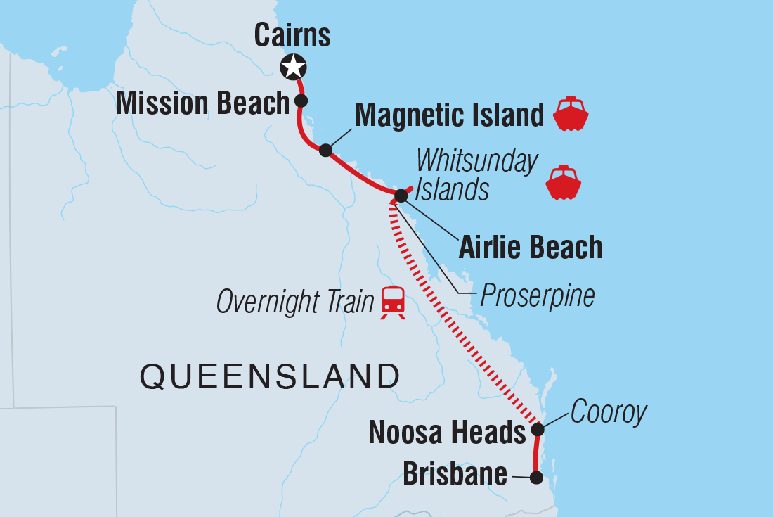 18 to 35s Essential Brisbane to Cairns route map