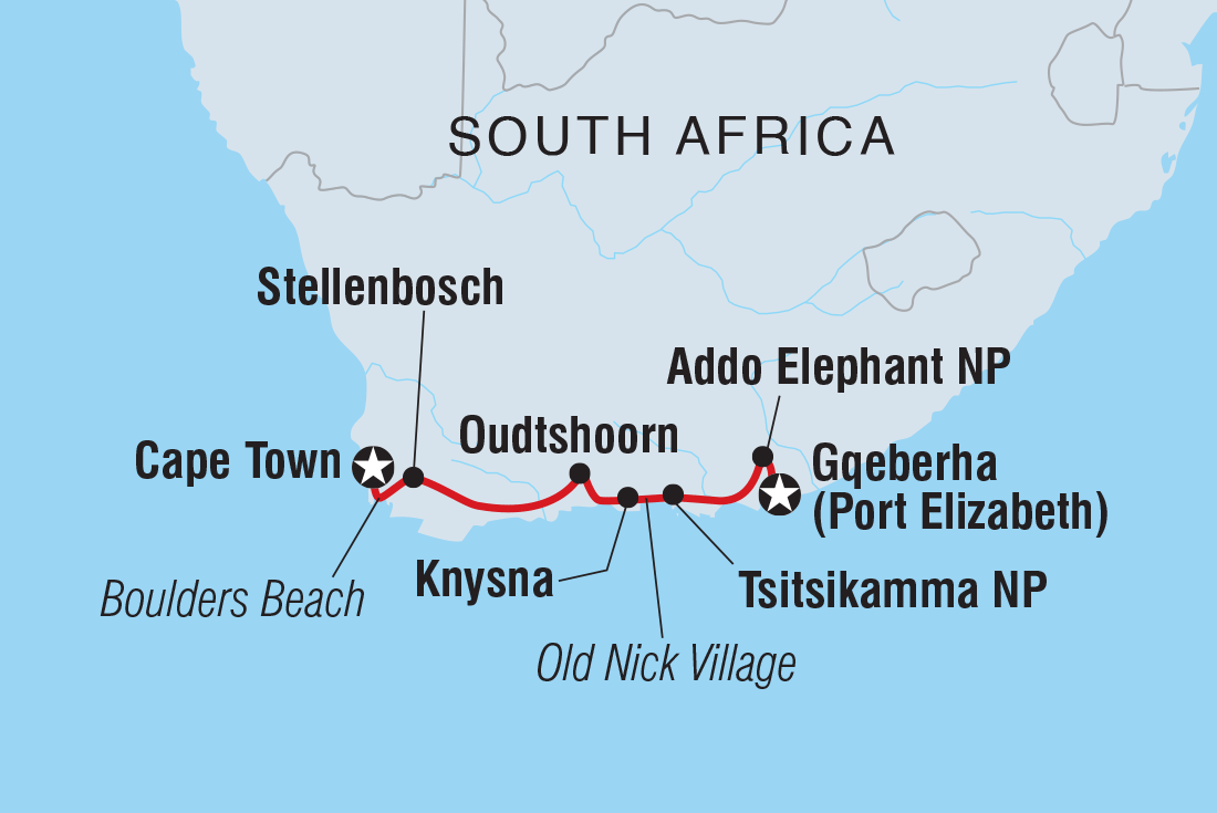 South Africa's Garden Route & Winelands route map